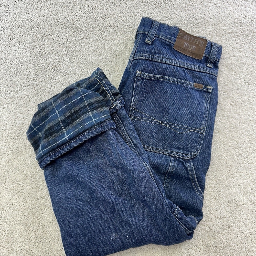 Smith's Workwear Carpenter Jeans Men's 30x30 Blue Plaid Flannel Lined Dark Wash